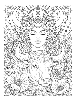 Celestial goddess and a bull appear in this intricate taurus coloring page.