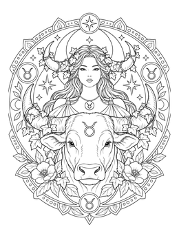 A celestial goddess and bull portrait featured in this taurus coloring page.