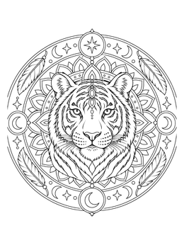 An intricate tiger coloring page set in a circular mandala with stars, moons, and feathers.