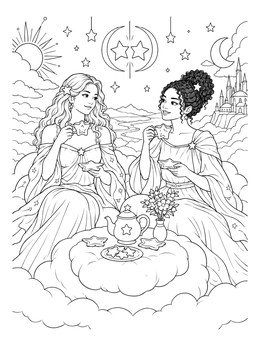Celestial sisters enjoy tea on clouds in this twin coloring page with stars and castle.