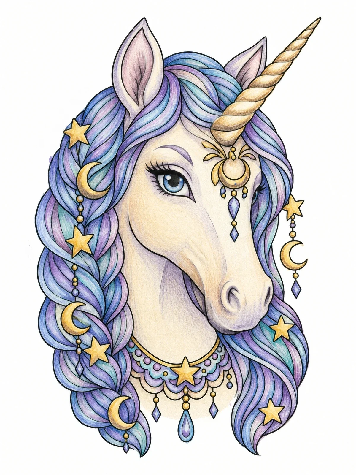 Colored example of the Celestial Unicorn With Braided Mane coloring page