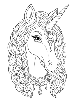 A celestial unicorn mandala coloring page with braided hair, stars, and moon ornaments.