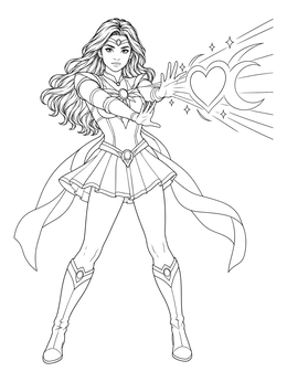 A celestial anime warrior in this venus coloring page casting a heart-shaped light beam.