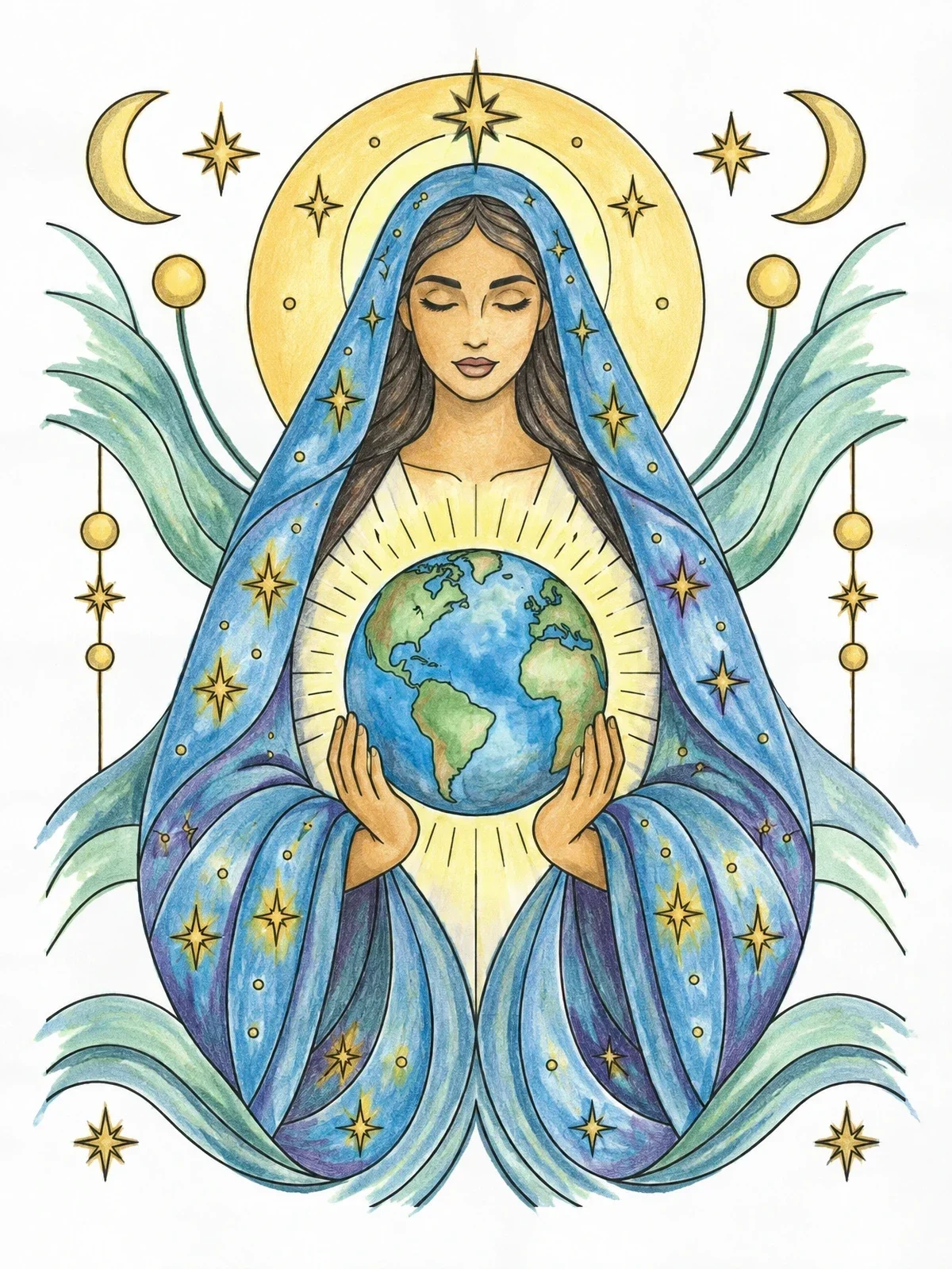 Colored example of the Cosmic Mother Holding The Earth coloring page