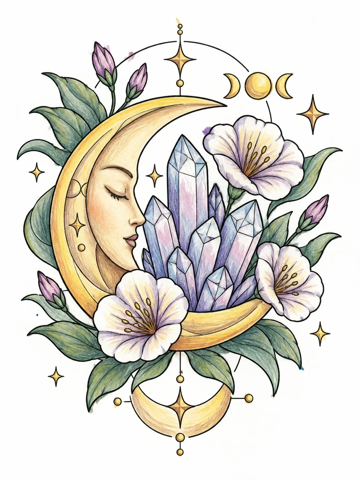 Colored example of the Crescent Moon With Crystals And Flowers coloring page