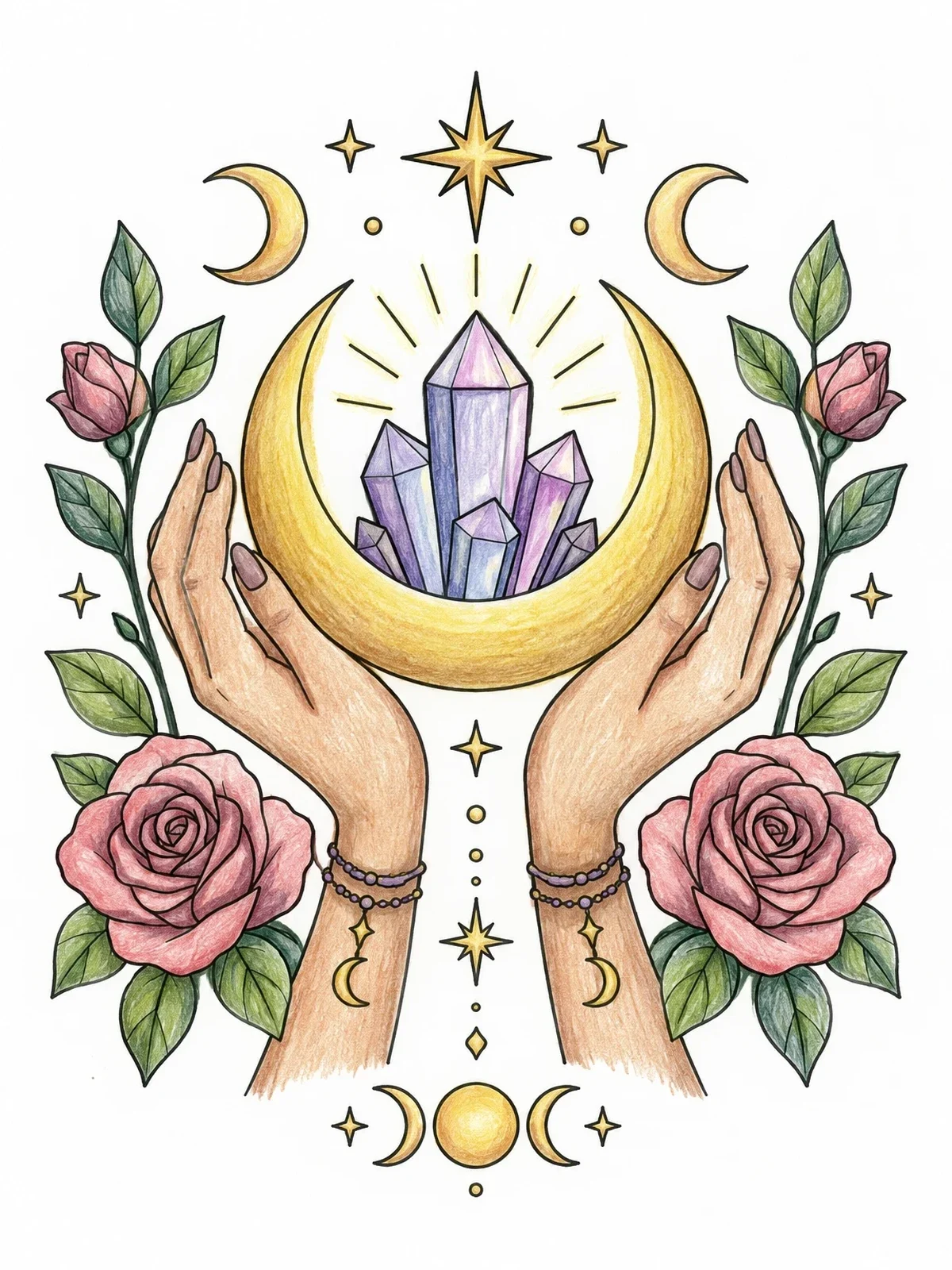 Colored example of the Crescent Moon And Crystals In Hands coloring page