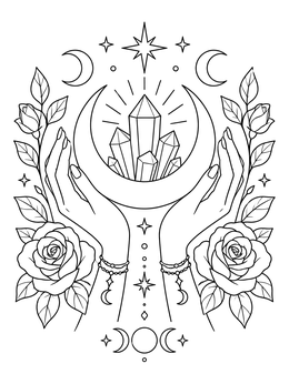 Free printable Crescent Moon And Crystals In Hands coloring page