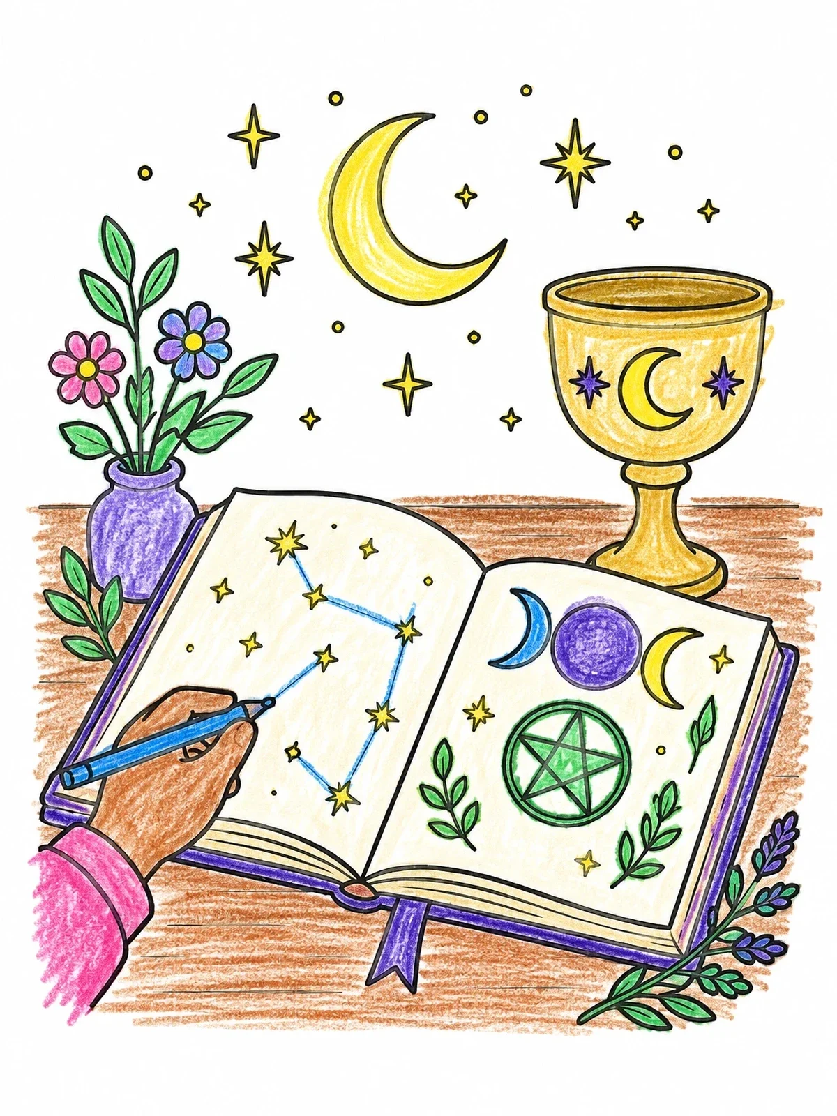 Colored example of the Magic Journal With Chalice And Stars coloring page