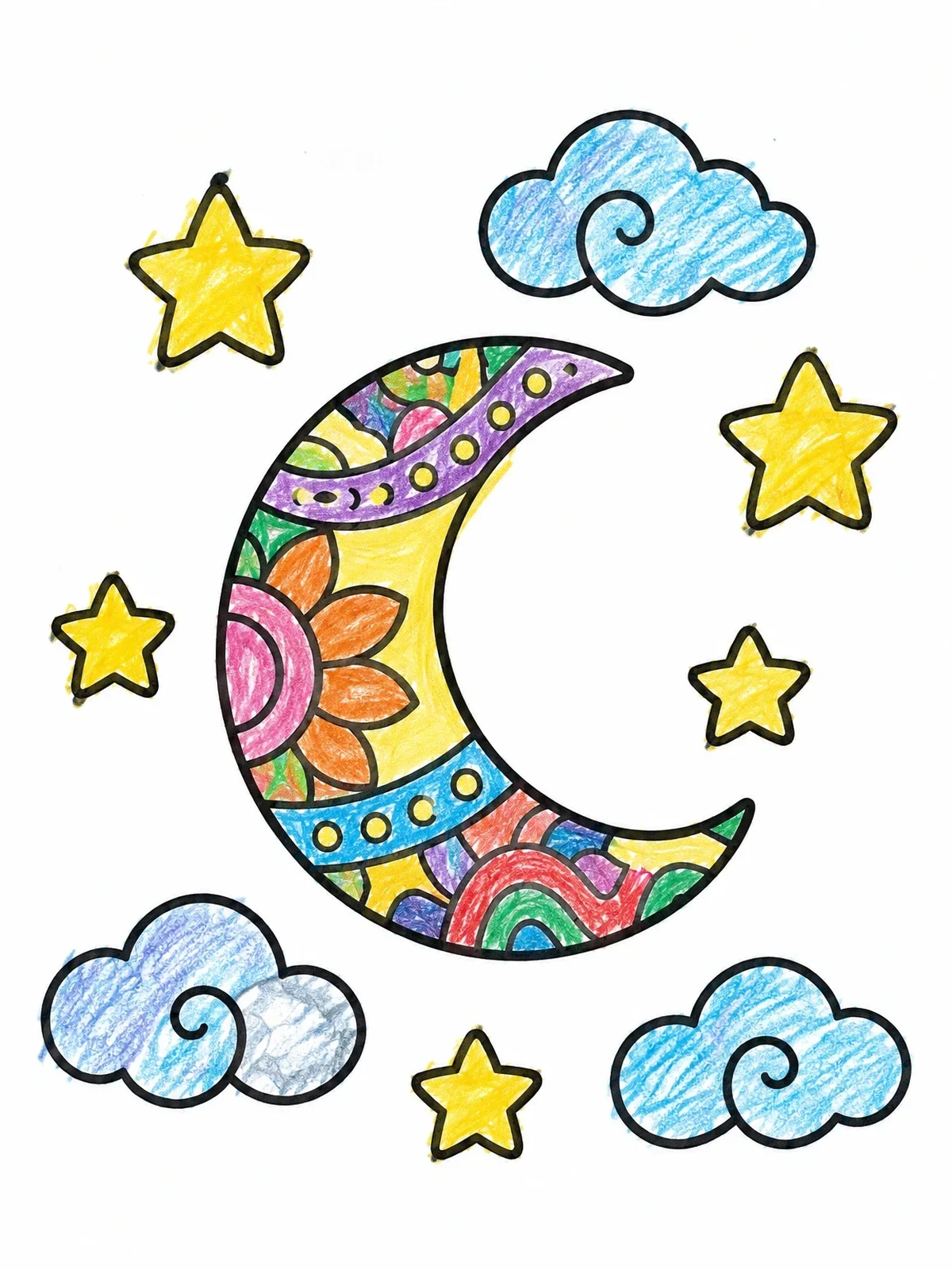 Colored example of the Patterned Crescent Moon And Stars coloring page