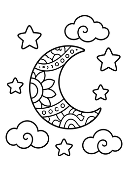 Free printable Patterned Crescent Moon And Stars coloring page