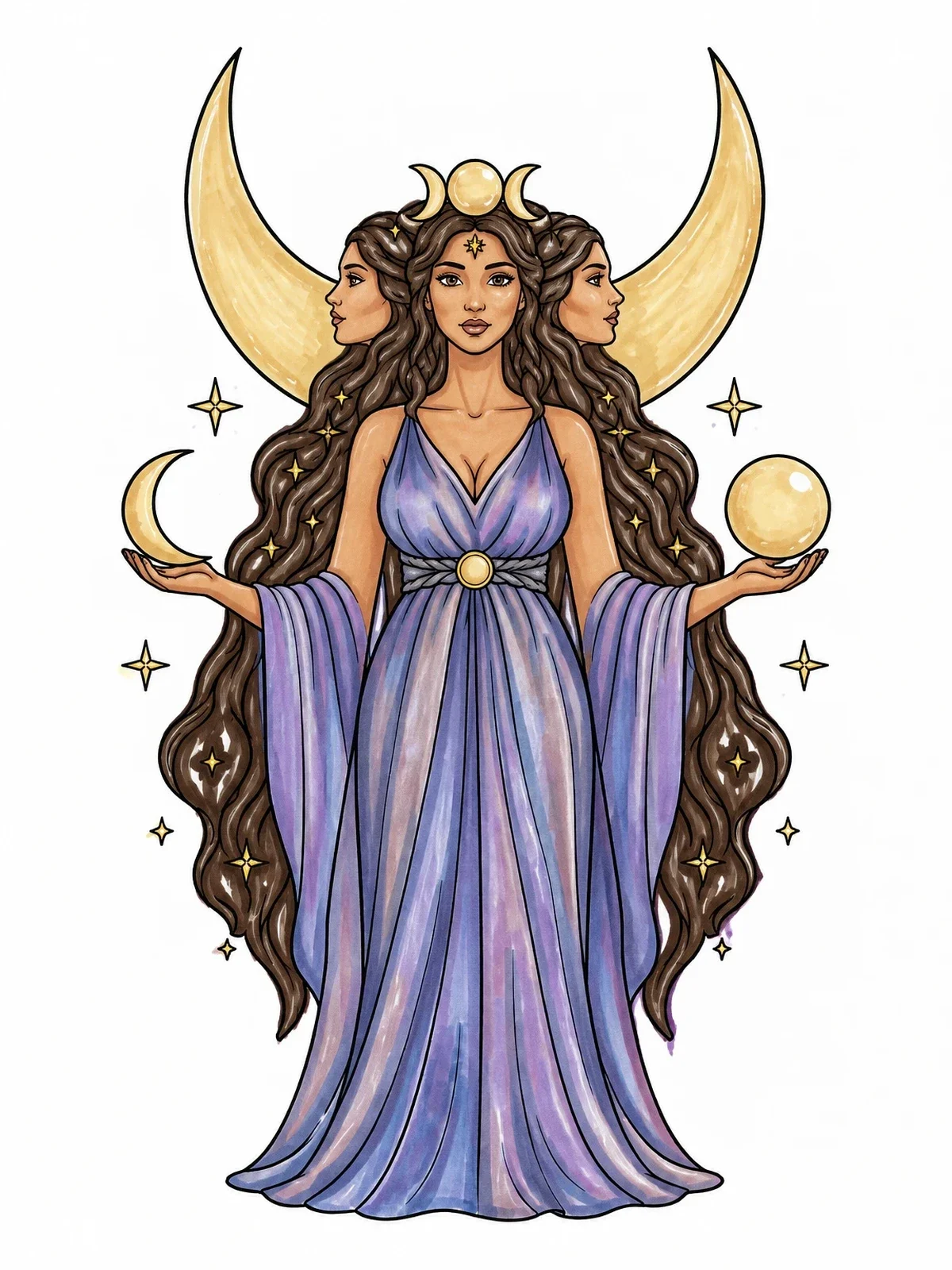 Colored example of the Triple Goddess With Moon Phases coloring page