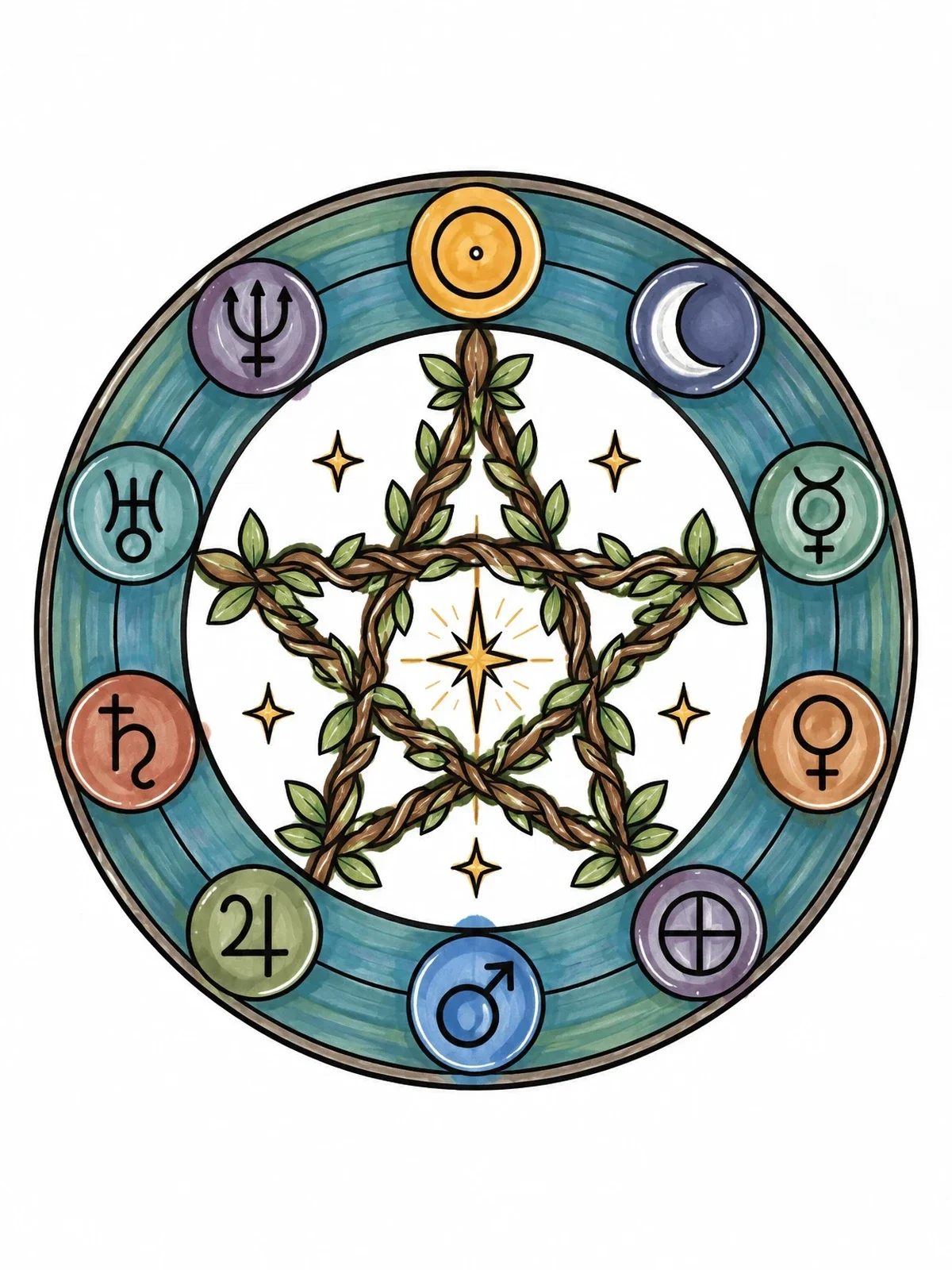 Colored example of the Vine Pentacle With Planetary Glyphs coloring page