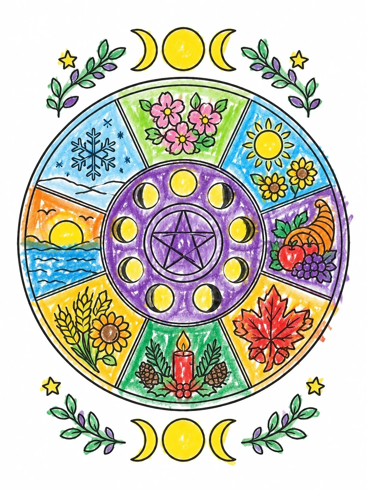 Colored example of the Wheel Of The Year Mandala coloring page