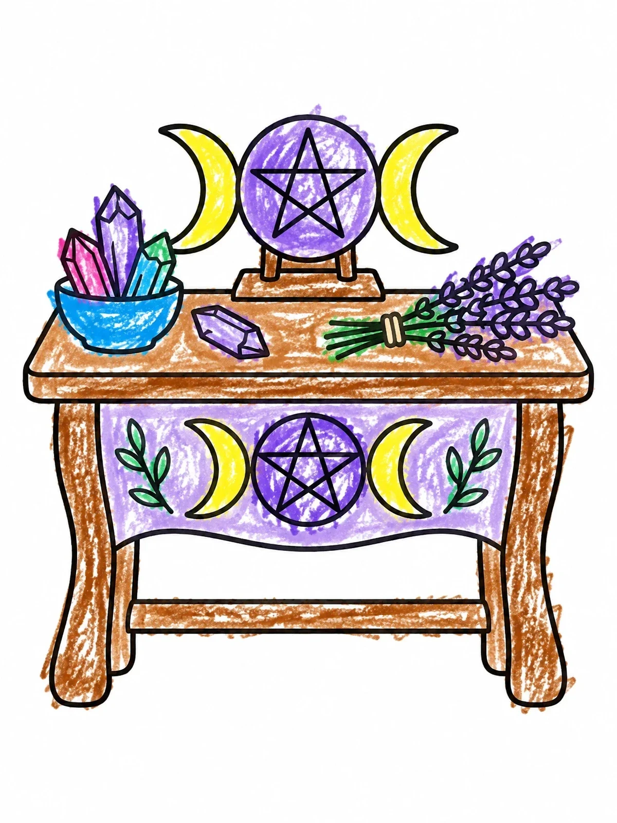 Colored example of the Wiccan Altar With Crystals And Herbs coloring page