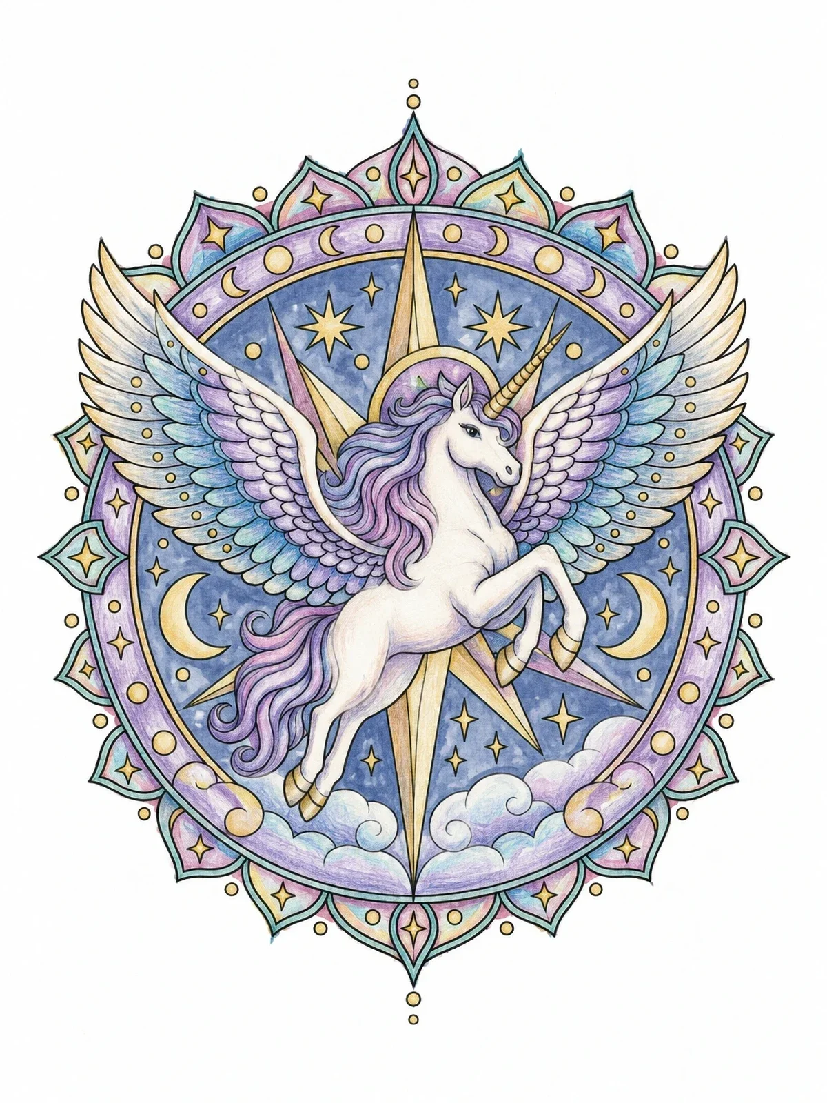 Colored example of the Celestial Winged Unicorn Mandala coloring page