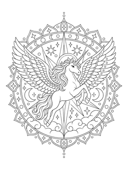 A detailed unicorn mandala coloring page featuring a winged unicorn leaping before stars and moons.