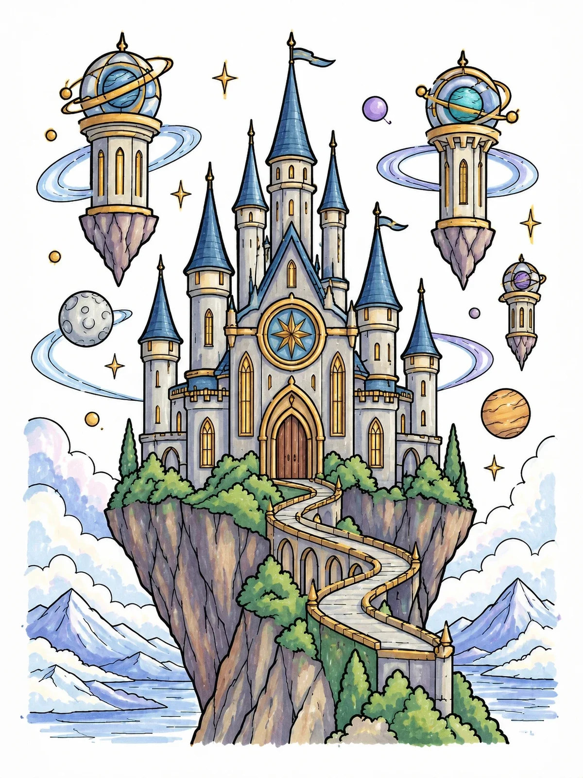 Colored example of the Celestial Wizard Castle On Mountain Peak coloring page