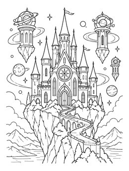 Magical castle coloring page perched on a rocky mountain with floating celestial towers and planets.