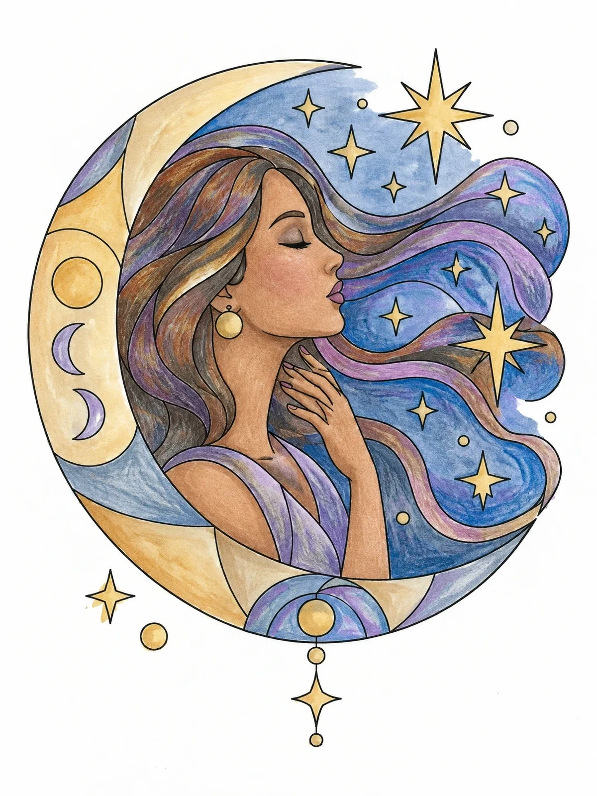Colored example of the Celestial Woman In Crescent Moon coloring page