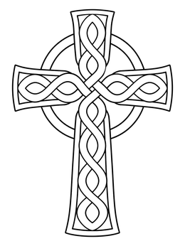 An intricate Celtic cross coloring page with winding knotwork patterns and a ring.