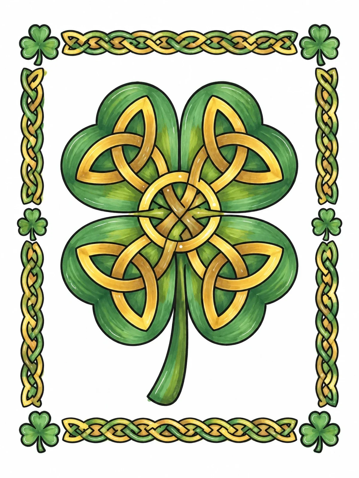 Colored example of the Celtic Knot Four Leaf Clover With Border coloring page