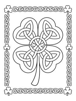 A four leaf clover coloring page featuring intricate Celtic knotwork and a woven decorative border.