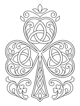 An intricate Celtic knot design decorates this elegant shamrock coloring page.