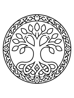 A circular Celtic tree of life coloring page with interlaced roots and a patterned border.