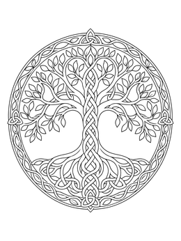 Intricate tree of life coloring page featuring woven Celtic knot roots and branches in a circular frame.