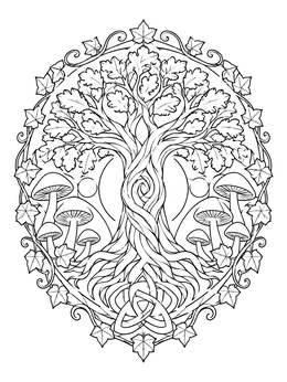 An intricate Celtic tree of life coloring page featuring mushrooms and oak leaves.