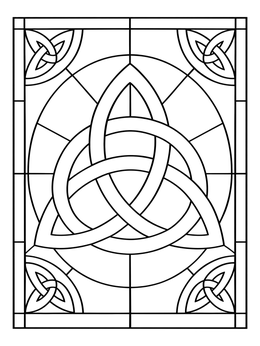 A Celtic knot triquetra inside a decorative stained glass coloring page frame.
