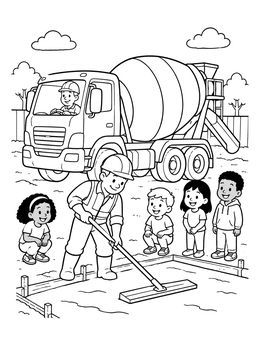 Free printable Construction Worker And Cement Mixer Truck coloring page
