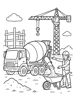 Free printable Cement Mixer And Crane At Construction Site coloring page