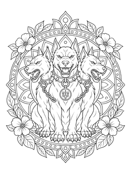 A detailed cerberus coloring page framed by flowers and mandala patterns.