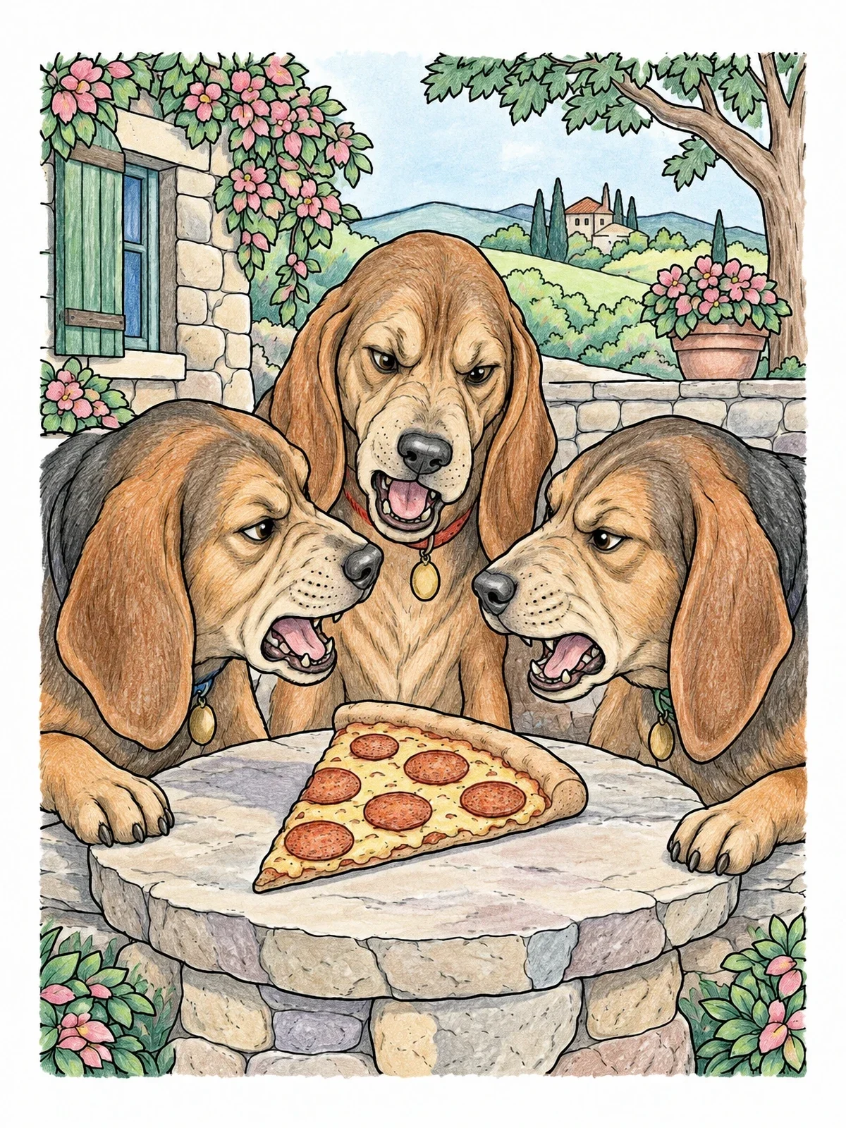Colored example of the Three Hounds Arguing Over Pizza coloring page