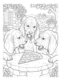 Cerberus coloring page of three hound heads growling over a pizza slice on a stone table.
