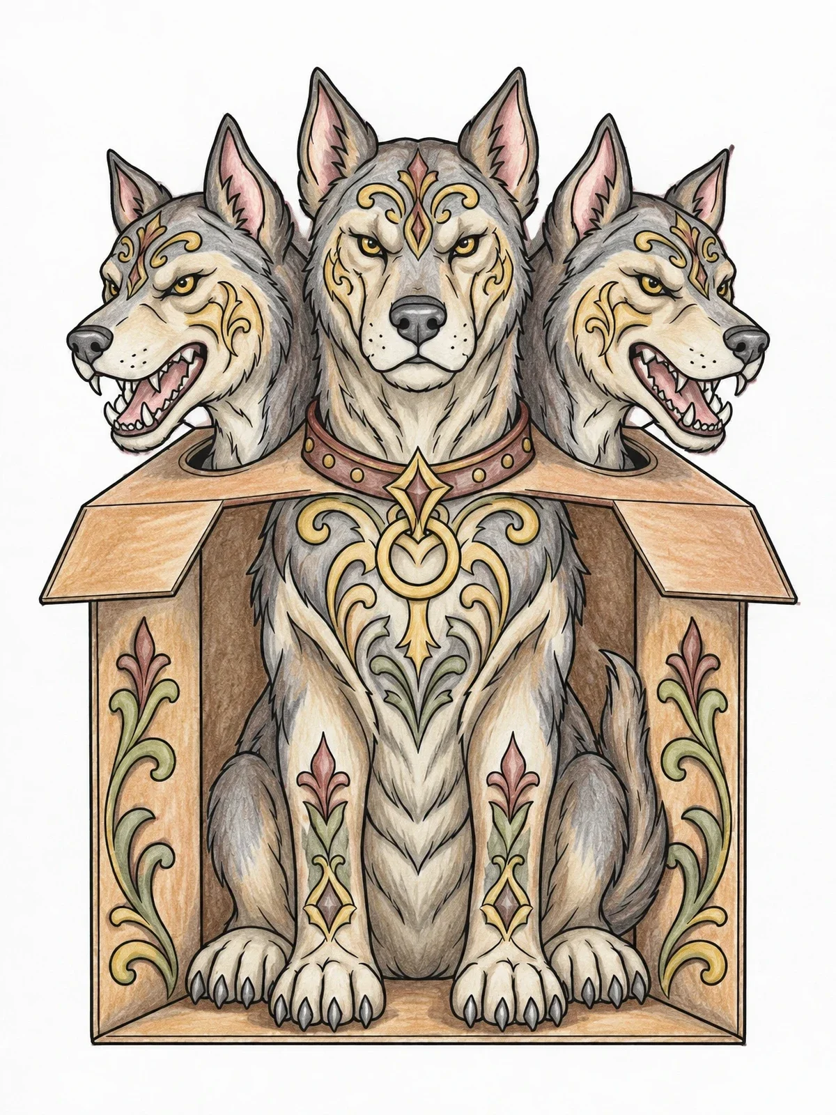 Colored example of the Cerberus In A Cardboard Box coloring page