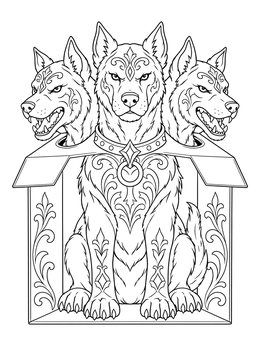 A decorative cerberus coloring page features the three-headed mythical hound sitting neatly in a cardboard box.