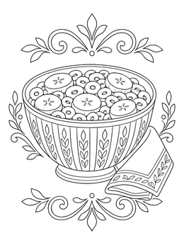 A detailed cereal coloring page featuring a bowl of round loops, banana slices, and a patterned napkin.