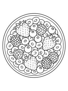 A top-down cereal coloring page showing a round bowl filled with cereal loops, strawberries, raspberries, and blueberries.
