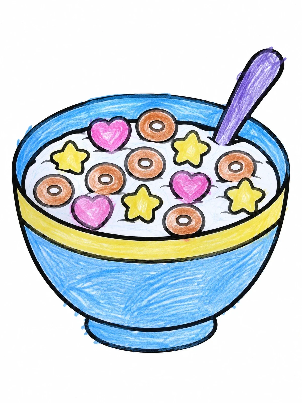 Colored example of the Cereal Bowl With Marshmallow Shapes coloring page