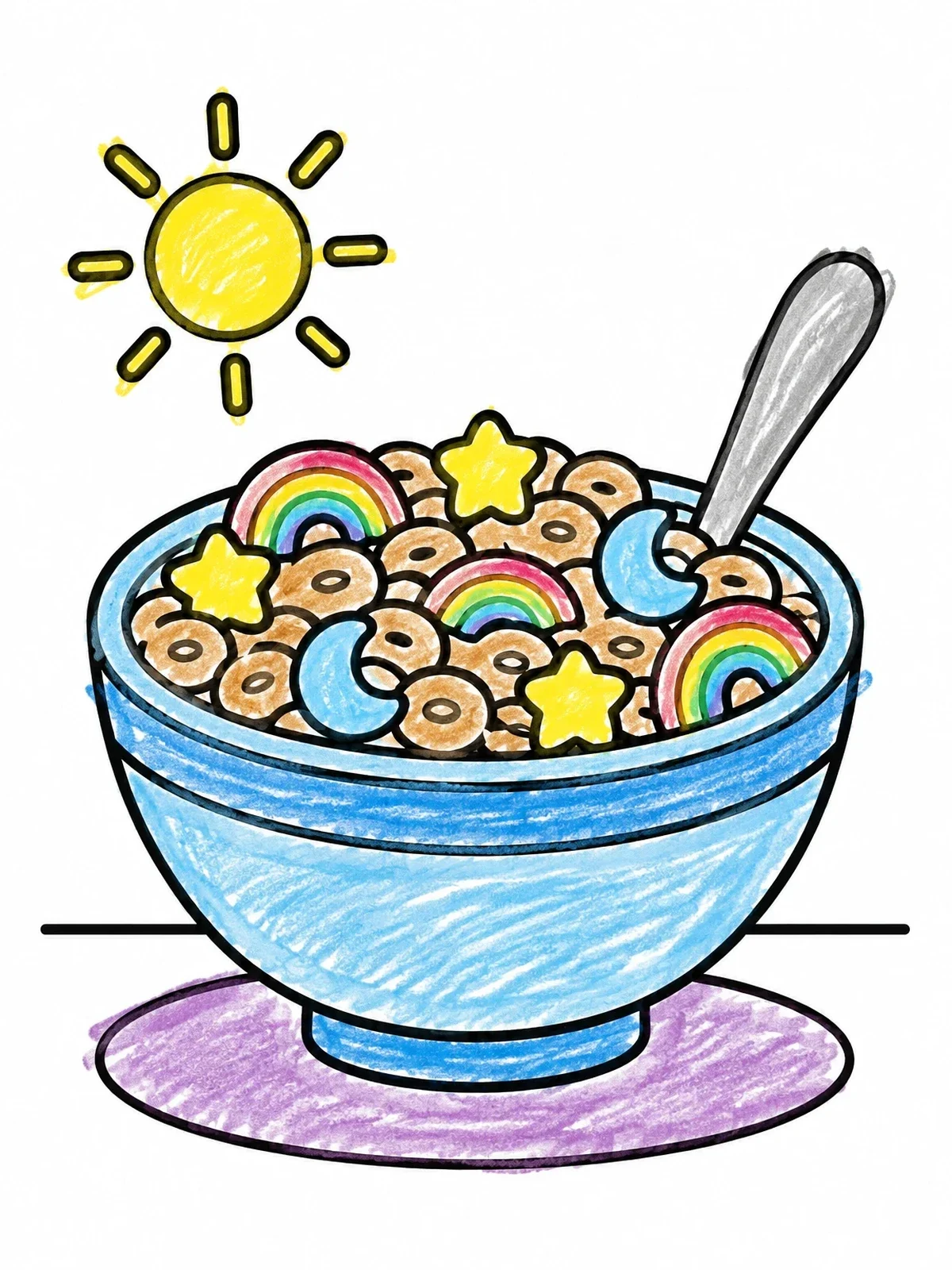 Colored example of the Cereal Bowl With Marshmallow Shapes coloring page