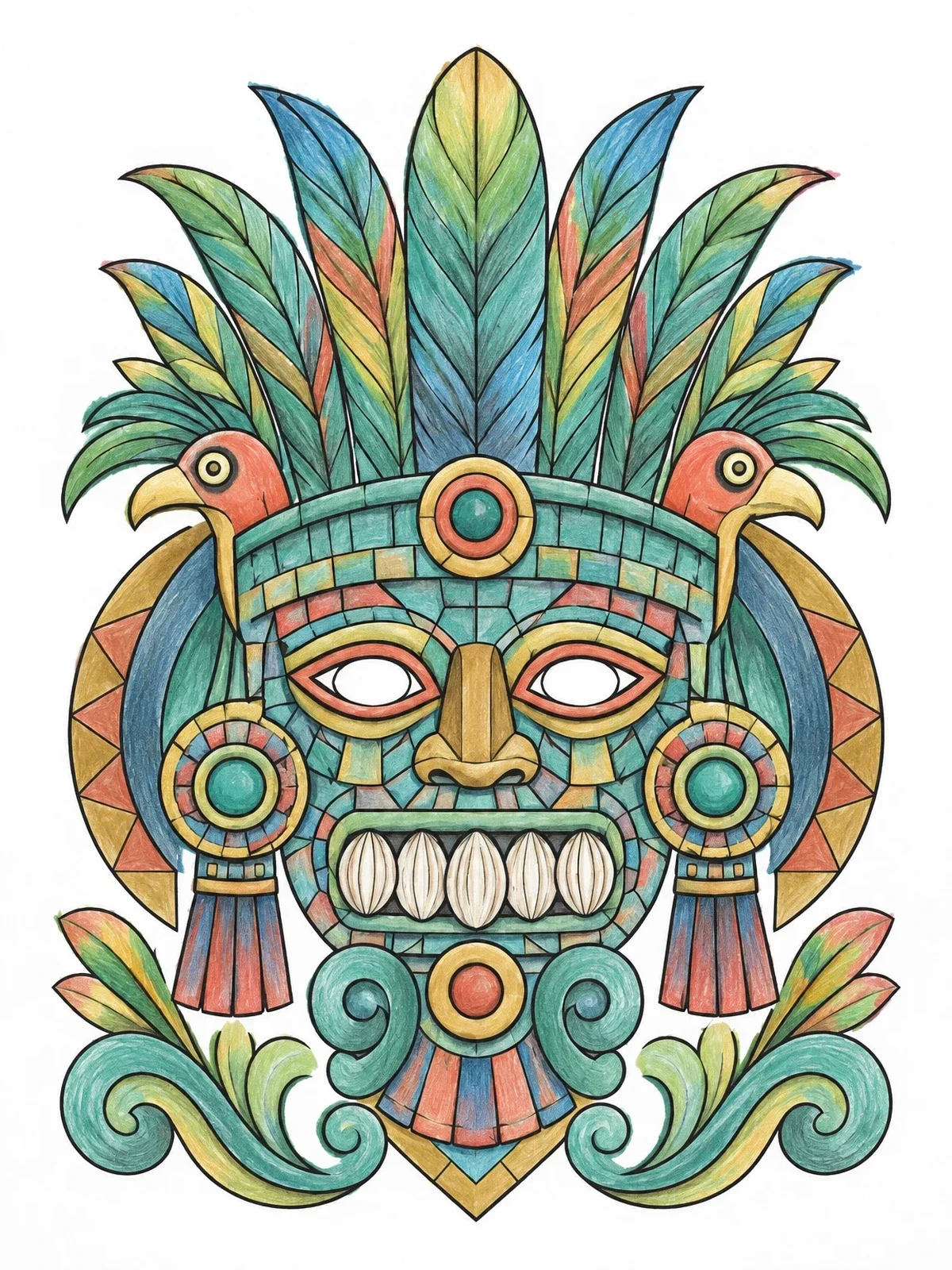 Colored example of the Ceremonial Aztec Feathered Mask coloring page