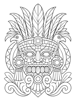 Detailed mosaic mask with feathers in an intricate aztec coloring page.