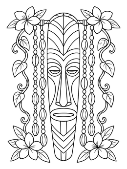 An elongated tiki coloring page decorated with hanging beads and tropical frangipani blossoms.