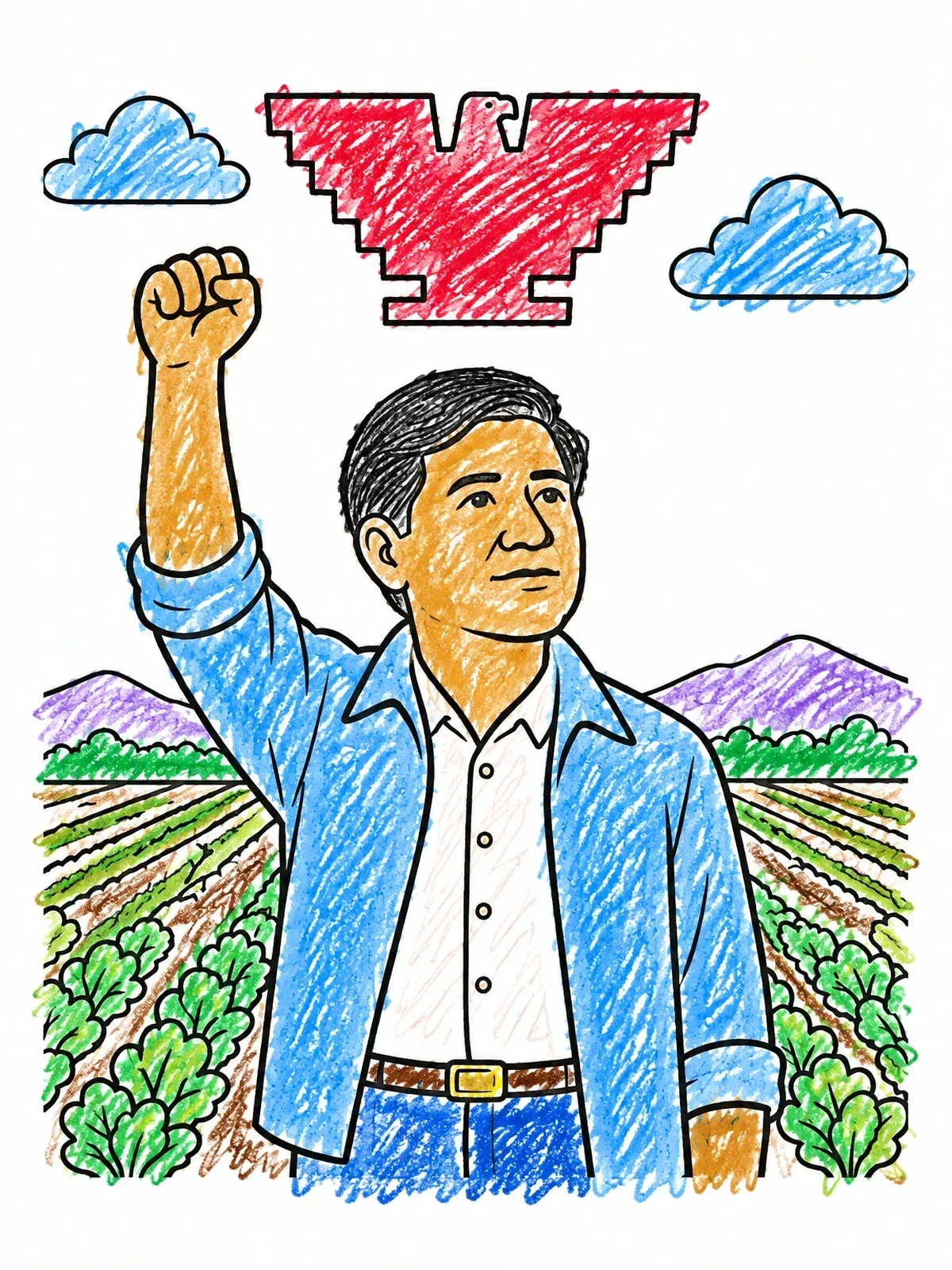 Colored example of the Cesar Chavez In The Fields coloring page