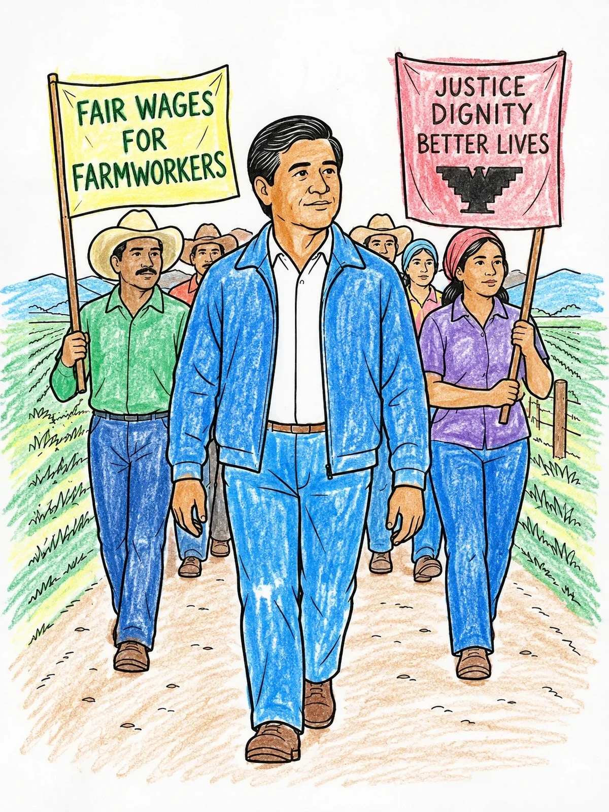 Colored example of the Cesar Chavez Leading Farmworkers March coloring page