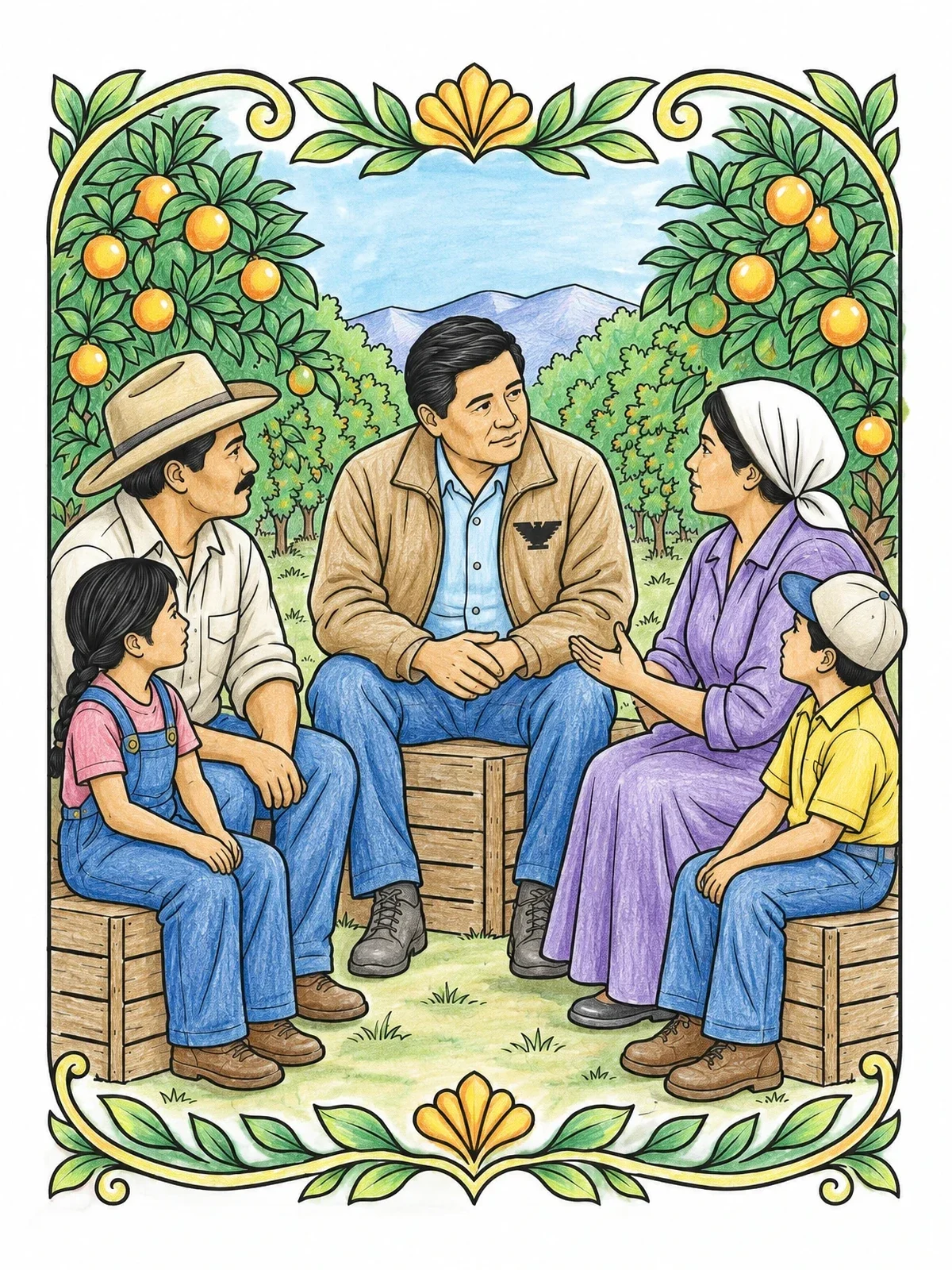 Colored example of the Cesar Chavez With Farm Worker Family coloring page