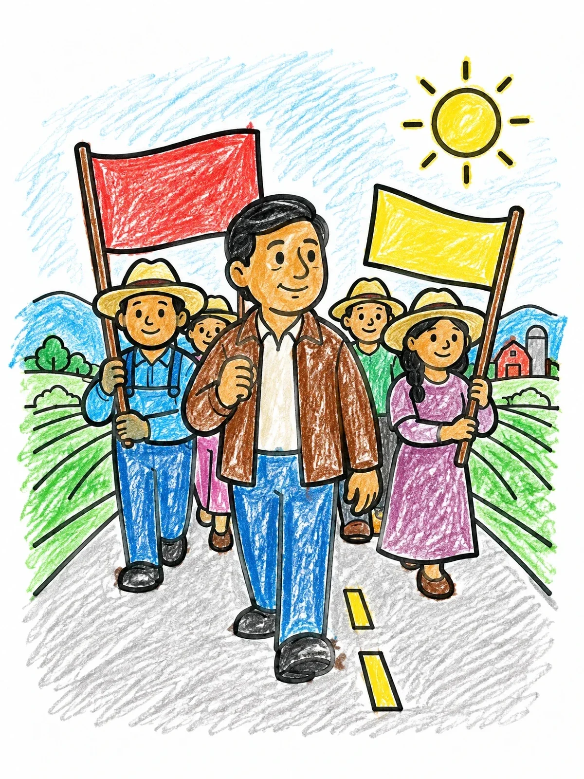 Colored example of the Cesar Chavez Peaceful Farmworker March coloring page