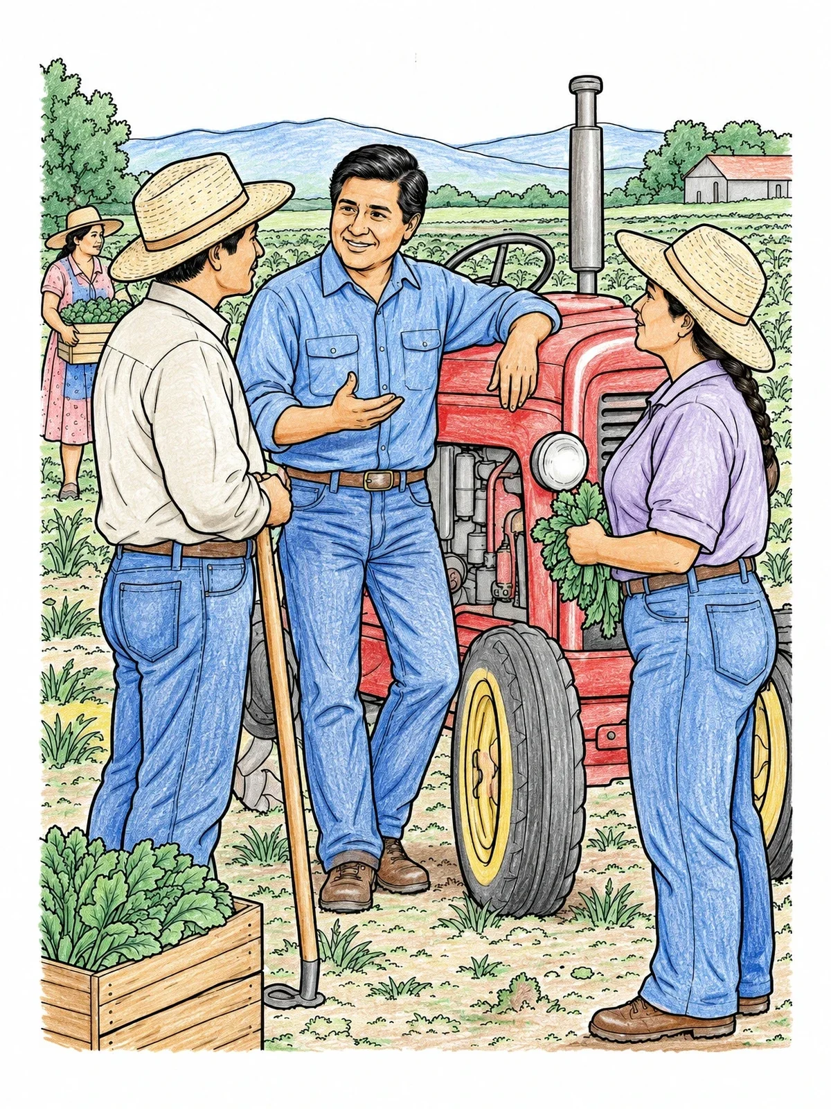 Colored example of the Cesar Chavez Talking With Farmworkers coloring page